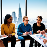 ** "A diverse group of people participating in a community meeting, reviewing statistical charts and graphs related to social inequalities, with a city skyline in the background. Focus on collaboration and data-driven decision making."

**