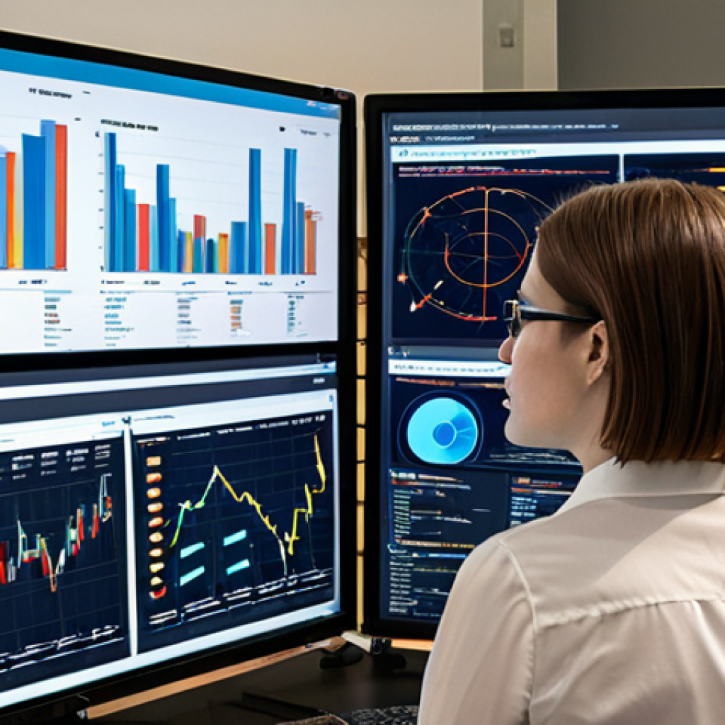 A dynamic and intelligent policy analyst, with a focused expression, deeply engaged in analyzing complex data on multiple digital screens. One screen showcases intricate data visualizations like charts, graphs, and network diagrams, while another displays insights potentially generated by an AI interface. The setting is a modern, collaborative workspace bathed in natural light, emphasizing innovative problem-solving and the seamless integration of human intellect with cutting-edge technology. High-resolution, detailed, professional, and forward-thinking.