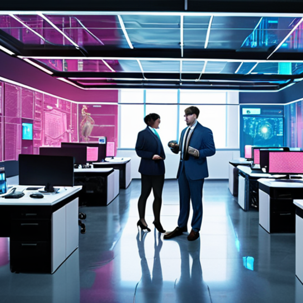 **Prompt:** A vibrant, futuristic office environment bustling with diverse professionals. Holographic projections of global policy documents (e.g., "Digital Transformation Initiative," "Data Privacy Act") seamlessly merge with flowing streams of data, illustrating their direct impact on the daily work of individuals. Focus on scenes showing new tech roles like data analysts, AI specialists, and UX designers collaborating, with elements of advanced digital infrastructure and a sense of interconnectedness. The overall mood should be dynamic, innovative, and reflective of a globalized, policy-driven professional landscape.