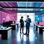 **Prompt:** A vibrant, futuristic office environment bustling with diverse professionals. Holographic projections of global policy documents (e.g., "Digital Transformation Initiative," "Data Privacy Act") seamlessly merge with flowing streams of data, illustrating their direct impact on the daily work of individuals. Focus on scenes showing new tech roles like data analysts, AI specialists, and UX designers collaborating, with elements of advanced digital infrastructure and a sense of interconnectedness. The overall mood should be dynamic, innovative, and reflective of a globalized, policy-driven professional landscape.