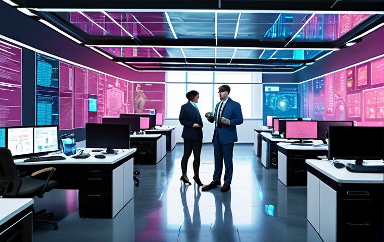 **Prompt:** A vibrant, futuristic office environment bustling with diverse professionals. Holographic projections of global policy documents (e.g., "Digital Transformation Initiative," "Data Privacy Act") seamlessly merge with flowing streams of data, illustrating their direct impact on the daily work of individuals. Focus on scenes showing new tech roles like data analysts, AI specialists, and UX designers collaborating, with elements of advanced digital infrastructure and a sense of interconnectedness. The overall mood should be dynamic, innovative, and reflective of a globalized, policy-driven professional landscape.