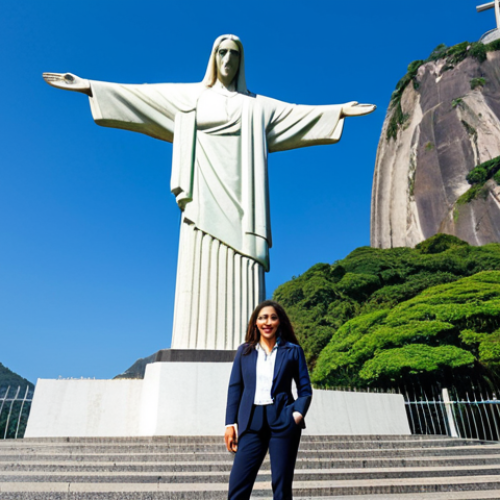 **

"A professional businesswoman in a modest business suit, standing in front of the iconic Christ the Redeemer statue in Rio de Janeiro, fully clothed, appropriate attire, safe for work, perfect anatomy, natural proportions, professional photography, bright sunny day, family-friendly."

**