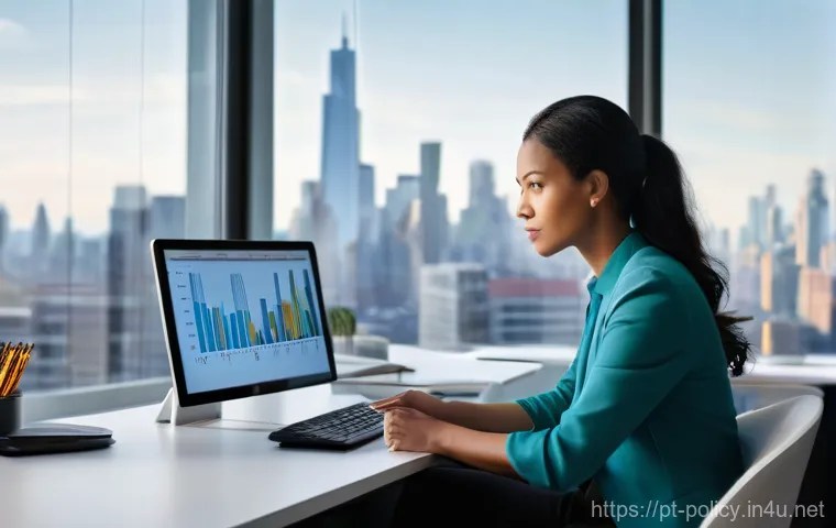 정책분석사와 스마트 정책 설계 - A thoughtful public policy analyst, a woman in her late 30s, professionally dressed in smart casual ...