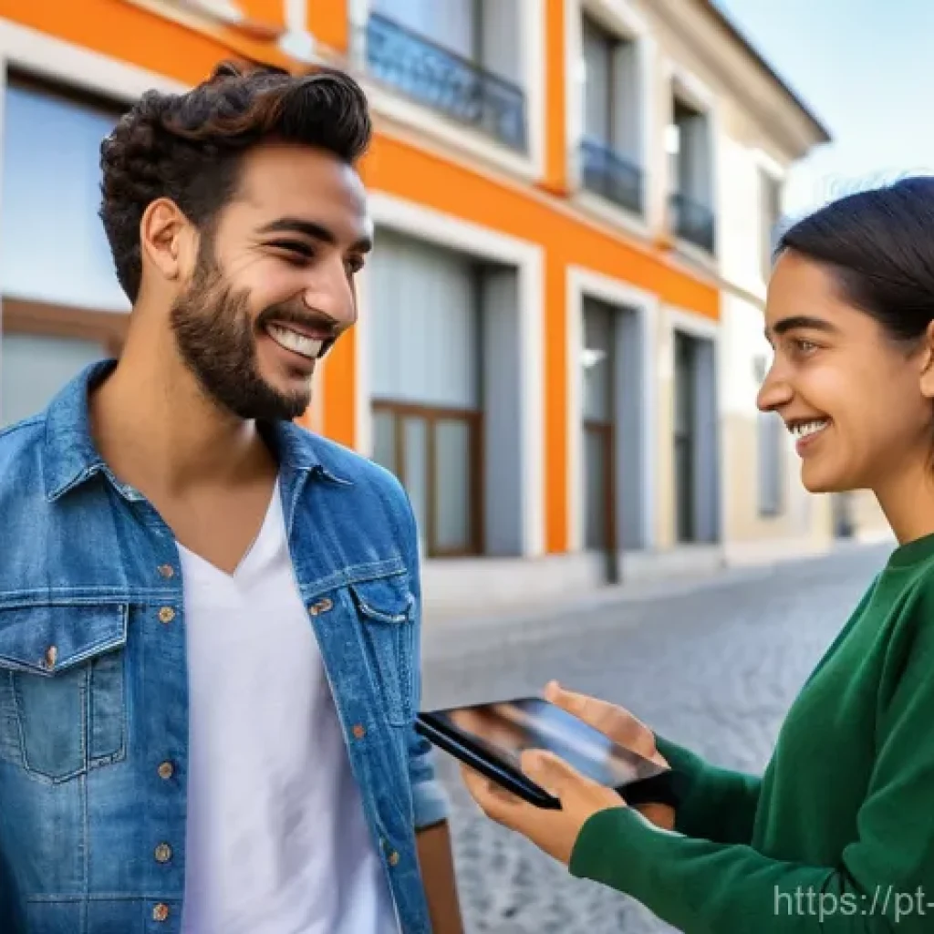 정책분석사와 최신 정부 프로그램 분석 - **Prompt:** A cheerful young Portuguese couple, both in their late 20s, stand smiling outside a cont...