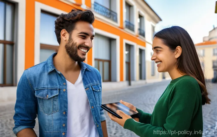 정책분석사와 최신 정부 프로그램 분석 - **Prompt:** A cheerful young Portuguese couple, both in their late 20s, stand smiling outside a cont...