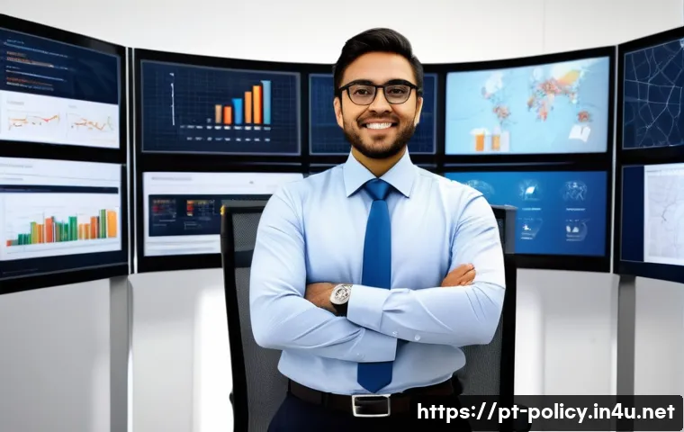 정책분석사와 공공 정책 성공 사례와 연구 방법 - A professional policy analyst in a modern Brazilian office environment, surrounded by multiple digit...