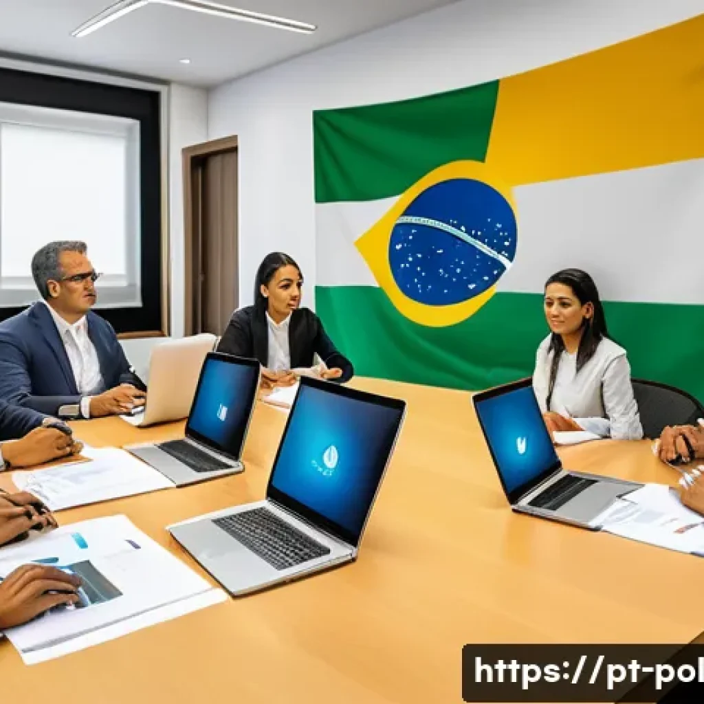 정책분석사와 주요 법령 변화 분석 - A modern Brazilian government office environment where diverse policy analysts are engaged in a coll...
