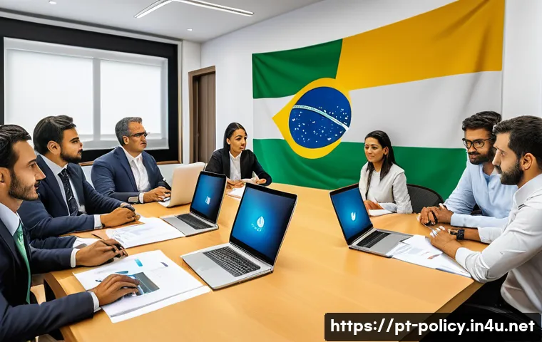 정책분석사와 주요 법령 변화 분석 - A modern Brazilian government office environment where diverse policy analysts are engaged in a coll...