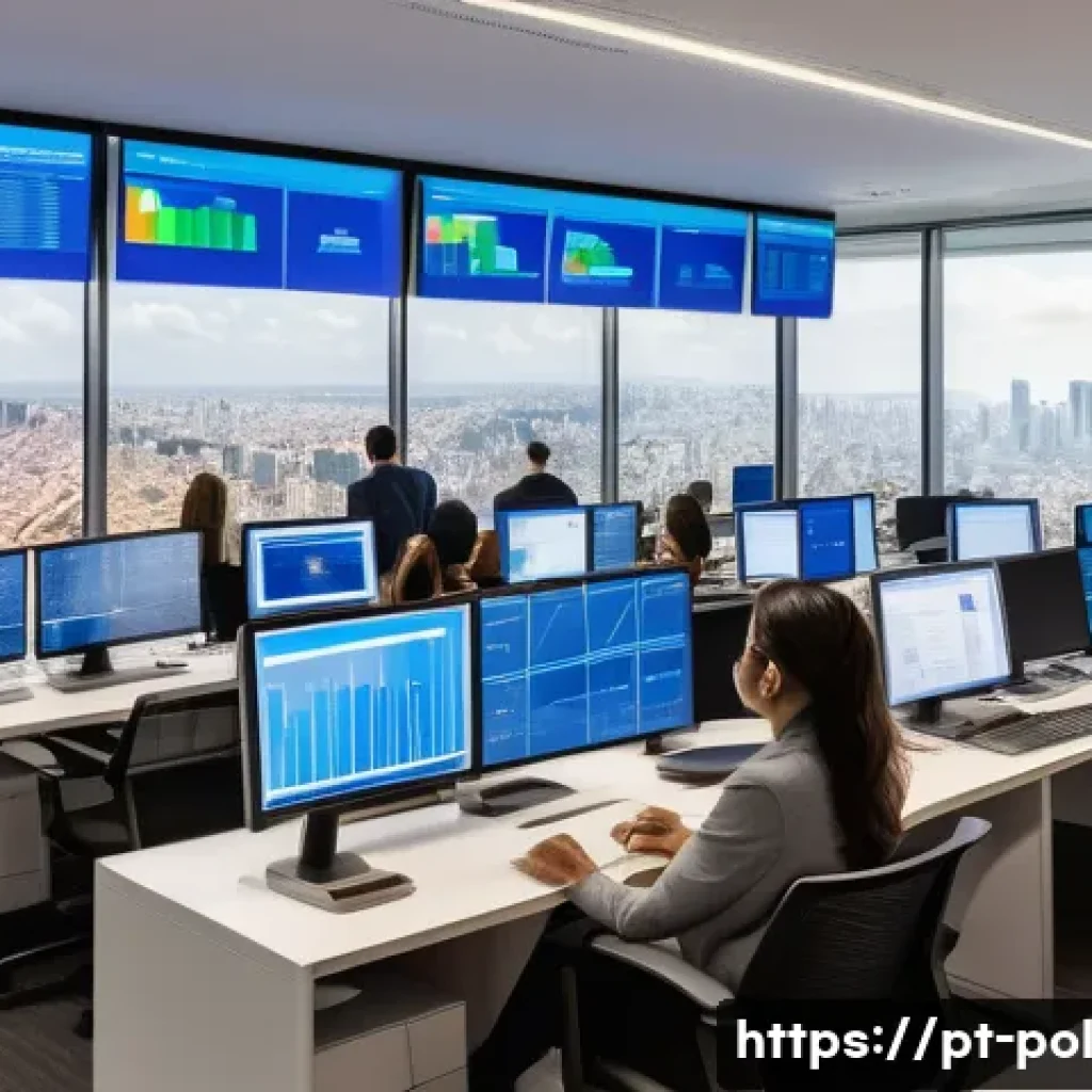 정책분석사와 데이터 기반의 정책 연구 - A diverse group of Brazilian public policy analysts in a modern government office, focused on large ...