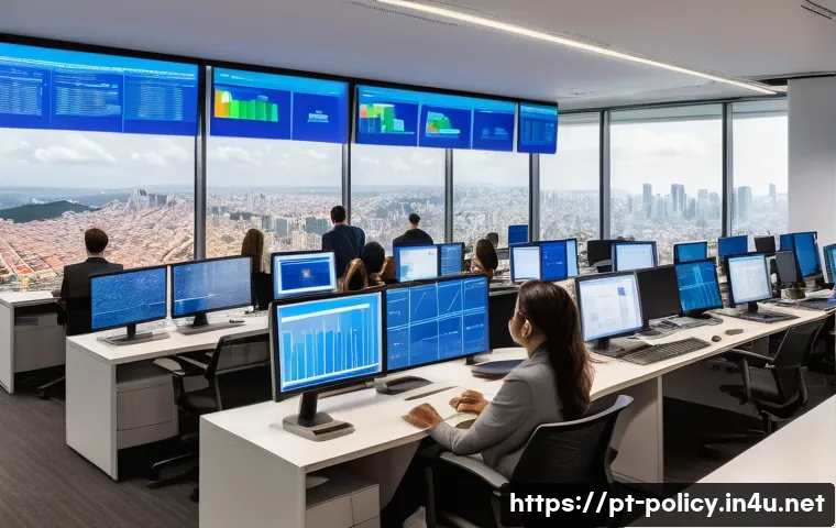 정책분석사와 데이터 기반의 정책 연구 - A diverse group of Brazilian public policy analysts in a modern government office, focused on large ...