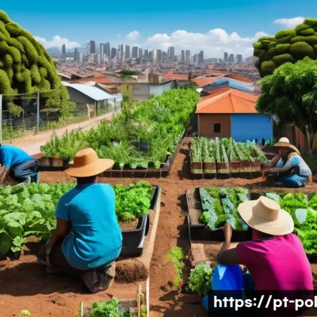 정책분석사와 지속 가능성 연구 - A vibrant urban community garden scene in Brazil, showing diverse people of various ages and backgro...