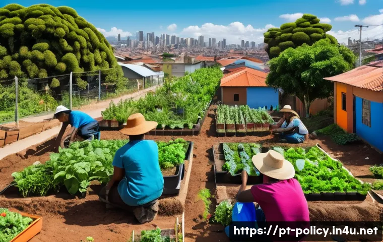 정책분석사와 지속 가능성 연구 - A vibrant urban community garden scene in Brazil, showing diverse people of various ages and backgro...