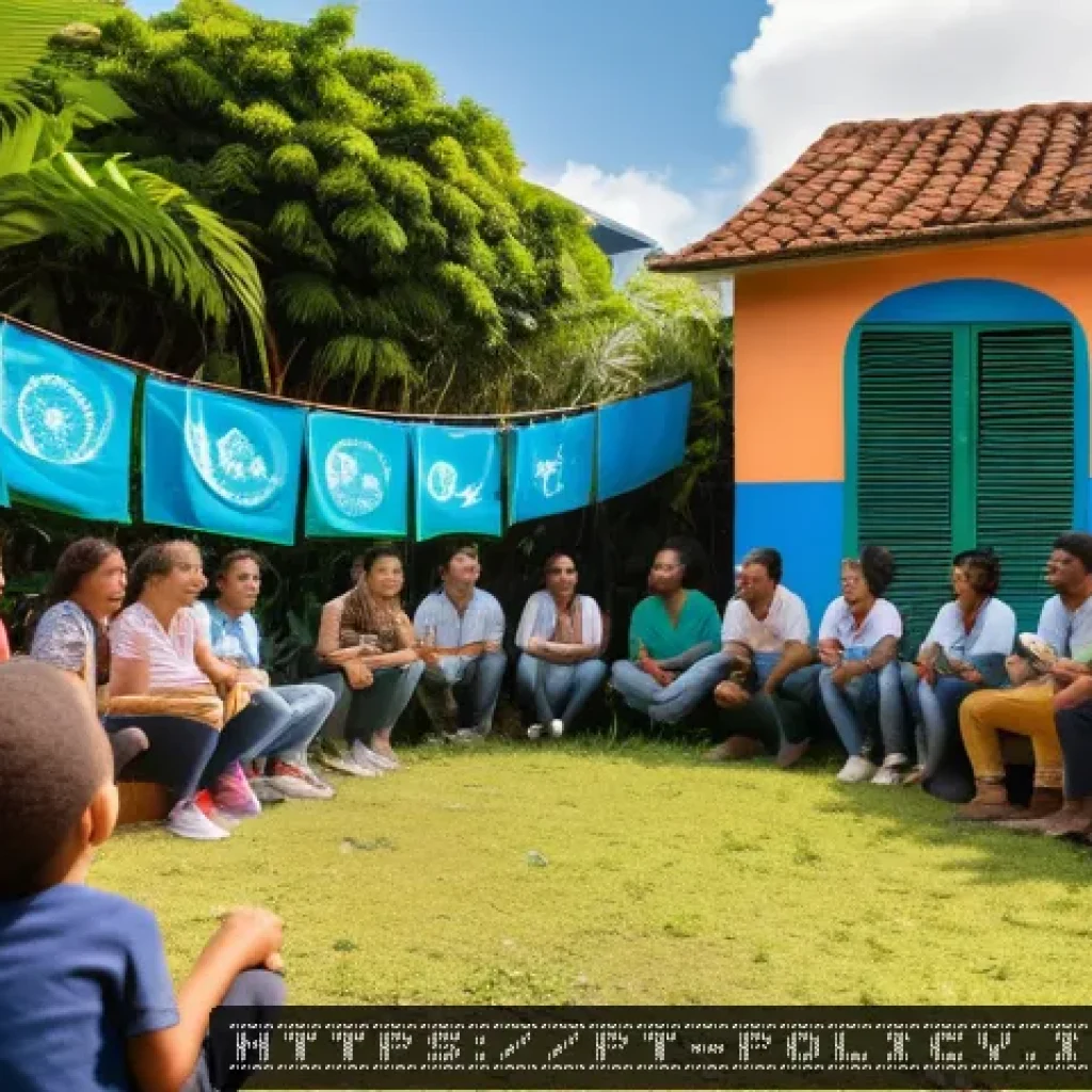 정책분석사와 사회 정책 사례 분석 - A vibrant community meeting scene in a Brazilian urban neighborhood, diverse group of people includi...