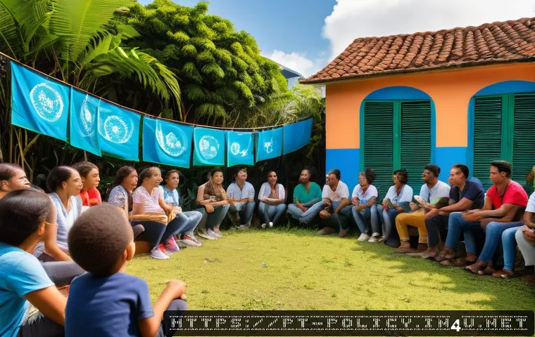 정책분석사와 사회 정책 사례 분석 - A vibrant community meeting scene in a Brazilian urban neighborhood, diverse group of people includi...