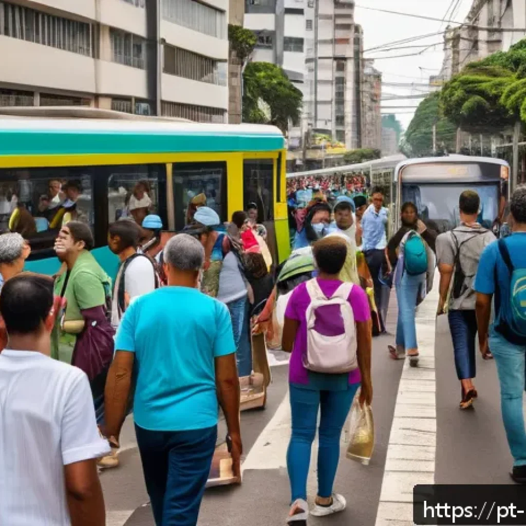 정책분석사와 정책 테스트 사례 - A vibrant urban scene in Brazil showing a diverse group of people using an efficient public transpor...