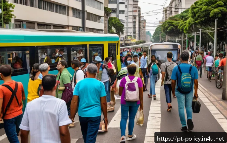 정책분석사와 정책 테스트 사례 - A vibrant urban scene in Brazil showing a diverse group of people using an efficient public transpor...