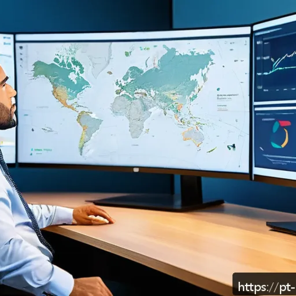 정책분석사가 활용하는 데이터 분석 툴 - A detailed office scene showing a data analyst working at a modern desk with multiple monitors displ...