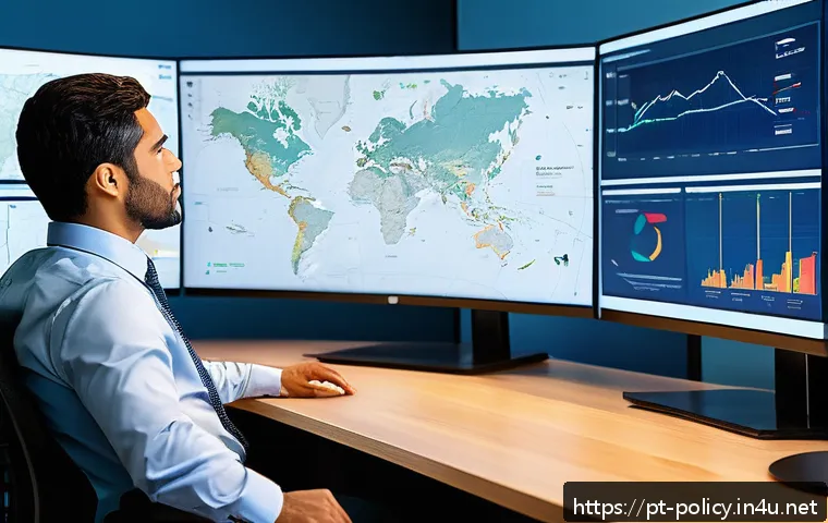 정책분석사가 활용하는 데이터 분석 툴 - A detailed office scene showing a data analyst working at a modern desk with multiple monitors displ...