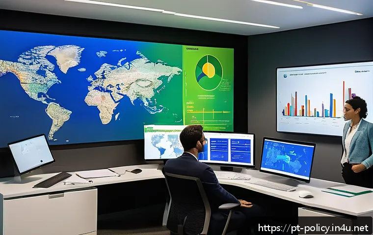 정책분석사와 연구 데이터의 신뢰성 관리 - A modern office setting with a diverse team of Brazilian data analysts working collaboratively aroun...