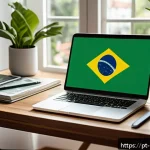 정책분석사 관련 블로그 시작하기 - A modern home office setup for a political analysis blogger targeting Brazilian audiences, featuring...