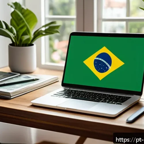 정책분석사 관련 블로그 시작하기 - A modern home office setup for a political analysis blogger targeting Brazilian audiences, featuring...