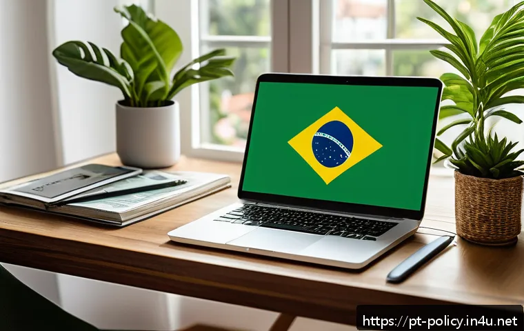 정책분석사 관련 블로그 시작하기 - A modern home office setup for a political analysis blogger targeting Brazilian audiences, featuring...
