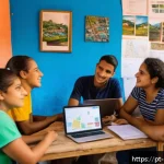 정책분석사와 공공 정책의 성공 사례와 분석 방법 - A vibrant community workshop scene in a Brazilian favela, showing diverse residents engaged in a par...