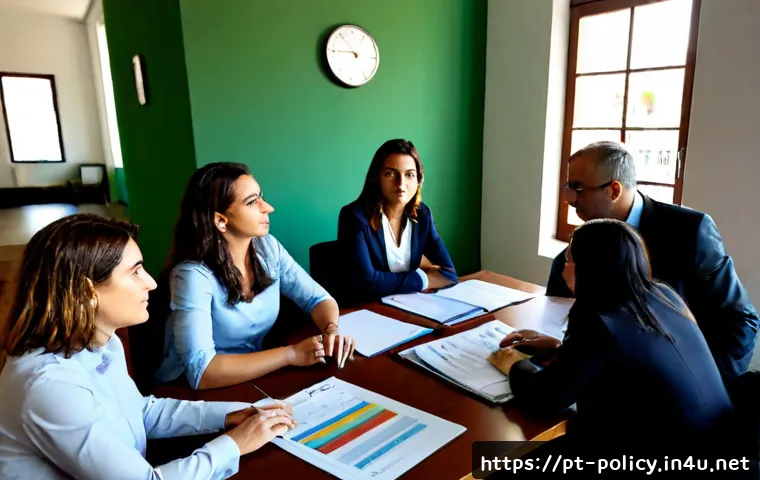 Home 17 정책분석사와 팀 구성의 중요성 - Photorealistic policy analysis team meeting in a modern Lisbon public-sector office, diverse Portugu...